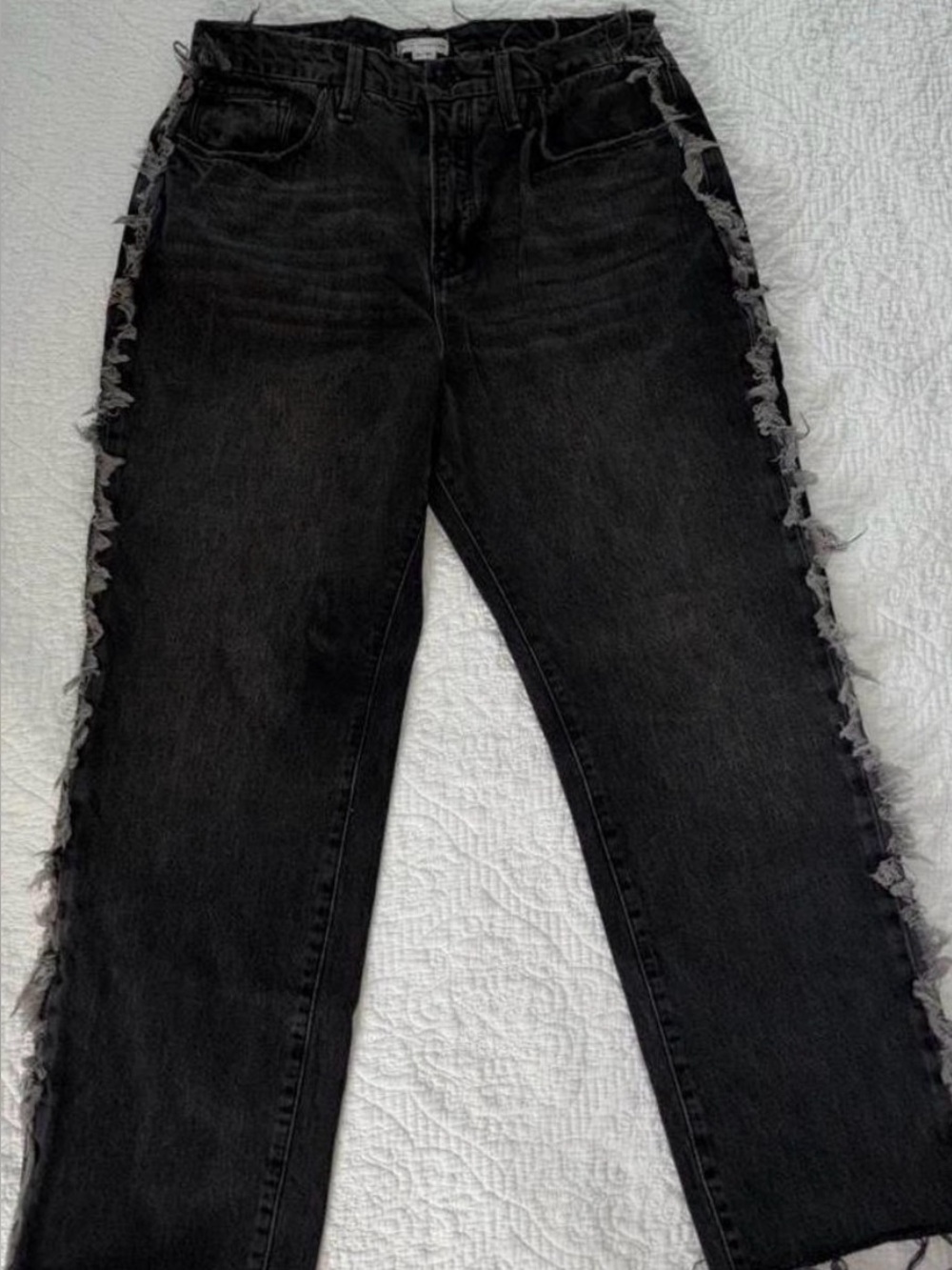 Good American Black Straight-Leg Jeans with Fringe Side Detail